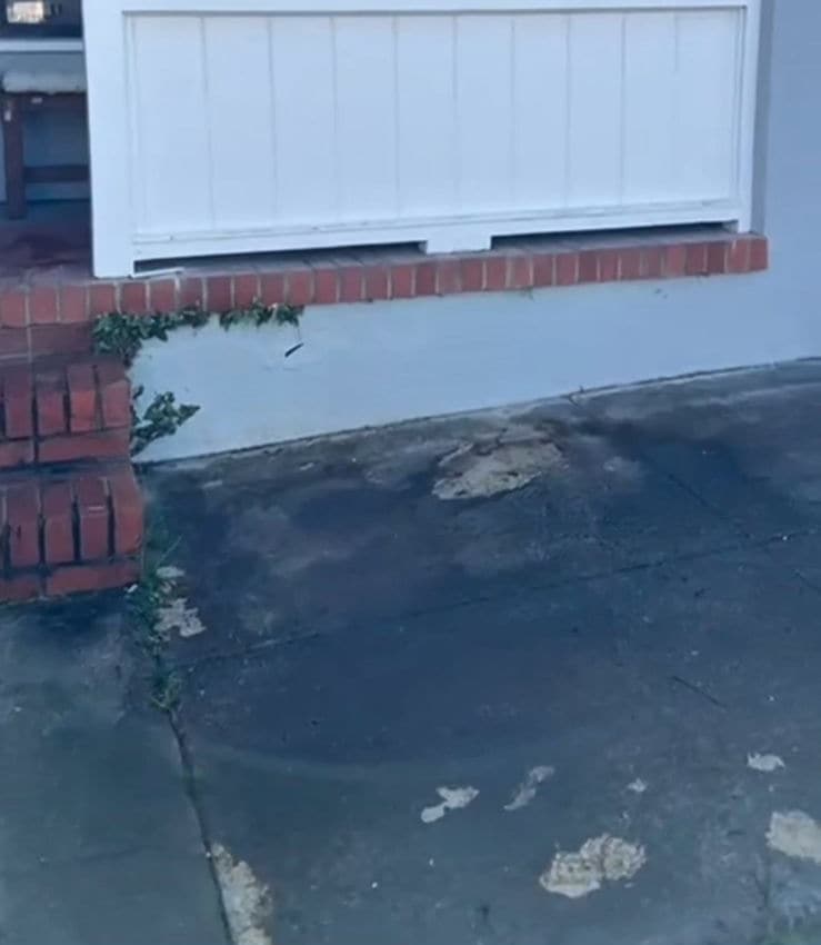 Concrete front walkway with heavy dark stains beside brick steps, before cleaning